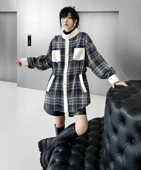 Contrast Panel Check Shirt Jacket